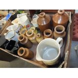 TWO BOXES OF CERAMICS, STONEWARE AND COLLECTABLES TO INCLUDE WHISKY JUGS, LEATHER CASED BINOCULARS ,
