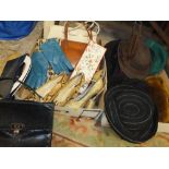 TWO BOXES OF VINTAGE LADIES ACCESSORIES TO INCLUDE HANDBAGS, HATS AND SHOES