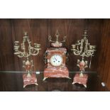 A 19TH CENTURY CONTINENTAL MARBLE AND GILT METAL CLOCK GARNITURE BY A.D. MOUGIN, clock H 42 cm,