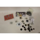 A BAG OFF ASSORTED COINAGE TO INCLUDE A QUEEN MOTHER £5 COIN, DIAMOND JUBILEE COMMEMORATIVE COIN