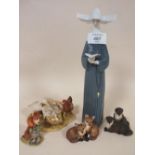 A LLADRO NUN FIGURE TOGETHER WITH FOUR SMALL BORDER FINE ARTS ANIMAL FIGURES