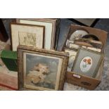 TWO SMALL BOXES OF PICTURES AND FRAMES TO INCLUDE MINIATURE FRAMES, TOGETHER WITH A FRAMED PENCIL