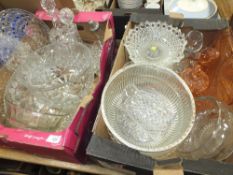 TWO TRAYS OF MOSTLY CUT GLASSWARE TO INCLUDE A LARGE CUT GLASS BOWL, DECANTERS, ART DECO DRESSING