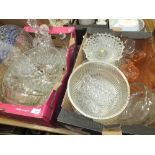 TWO TRAYS OF MOSTLY CUT GLASSWARE TO INCLUDE A LARGE CUT GLASS BOWL, DECANTERS, ART DECO DRESSING