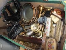 A TRAY OF ASSORTED METALWARE TO INCLUDE COPPER COOKING PANS, DRESSING TABLE ITEMS, BOOT LAST ETC