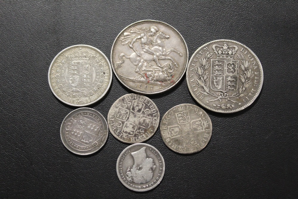 A BAG OF ANTIQUE SILVER COINS TO INCLUDE 1847 AND 1897 VICTORIAN CROWNS