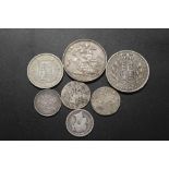 A BAG OF ANTIQUE SILVER COINS TO INCLUDE 1847 AND 1897 VICTORIAN CROWNS