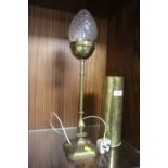 A BRASS TRENCH ART VASE HEIGHT - 29CM, TOGETHER WITH A BRASS TABLE LAMP WITH CUT GLASS SHADE