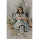 A FRAMED AND GLAZED WATERCOLOUR OF A SEATED GIRL BESIDE A VASE OF FLOWERS BY GORDON KING SIZE - 53CM