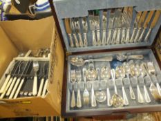 A BOX OF ASSORTED FLATWARE TOGETHER WITH A DEBENHAMS CASED CANTEEN OF CUTLERY