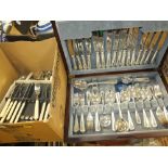 A BOX OF ASSORTED FLATWARE TOGETHER WITH A DEBENHAMS CASED CANTEEN OF CUTLERY