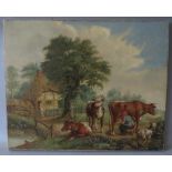 (XVIII-XIX). A rural scene with figure milking a cow, other cattle, goat, ducks on pond and figure