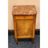 A FRENCH MARBLE TOPPED INLAID BEDSIDE CABINET, with gilt metal mounts, H 76 cm, W 42.5 cm