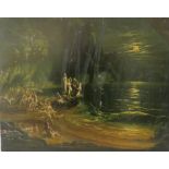 (XIX). A moonlit rocky shore scene with nymphs dancing to harp music, unsigned, oil on canvas,