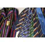 A GENTS VINTAGE STRIPED BLAZER, together with a selection of vintage association, clubs and school