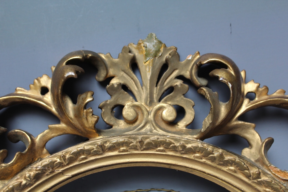 A 19TH CENTURY CIRCULAR CARVED WOODEN GOLD FLORENTINE FRAME FOR RESTORATION, frame W 10 cm, rebate - Image 3 of 5
