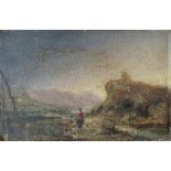 (XIX). An impressionist mountainous river landscape with figures and hill top ruins in background,