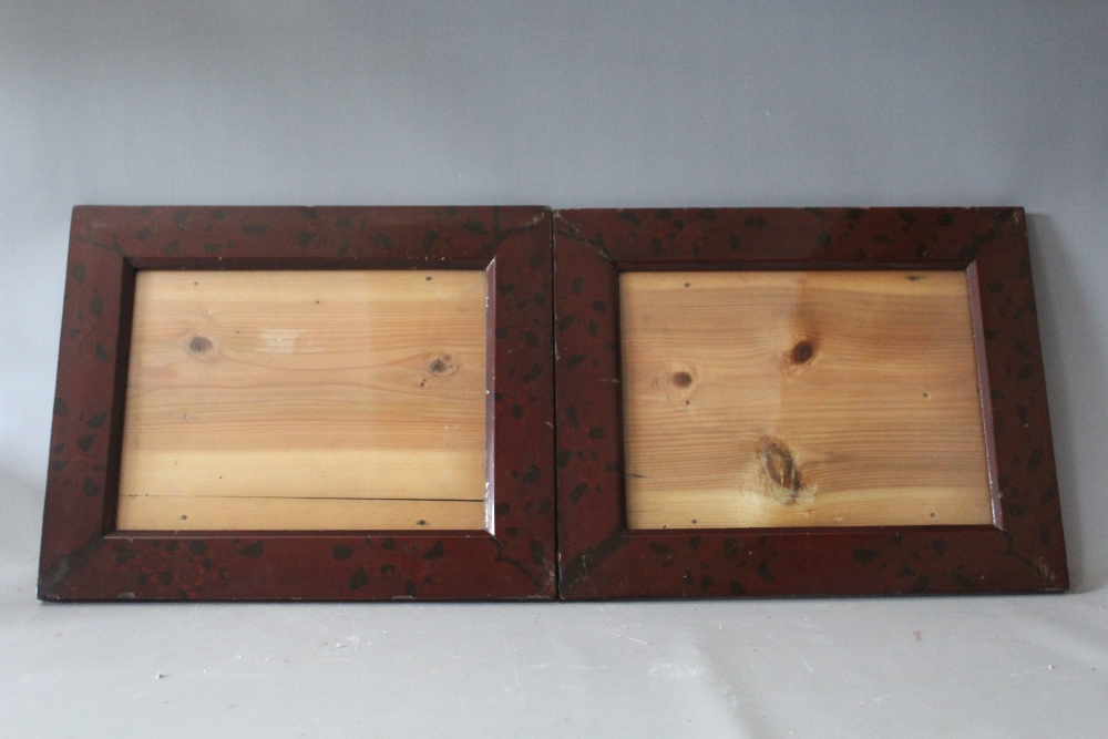 A PAIR OF 19TH CENTURY LACQUERED GLAZED FRAMES, frame W 6 cm, rebate 25 x 34 cm