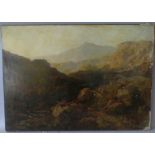 (XIX). A Welsh mountainous rocky river landscape, see verso, unsigned, oil on canvas, unframed, 43 x