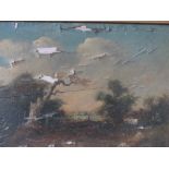 (XIX). A windswept wooded landscape with town beyond, unsigned, oil on panel, framed, as found, 16 x