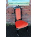 A VICTORIAN EBONISED BARLEYTWIST PRAYER CHAIR WITH MODERN UPHOLSTERY