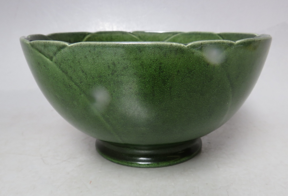 A PILKINGTON LANCASTRIAN GREEN LOTUS TYPE BOWL, impressed marks to base, H 7 cm, Dia. 14 cm - Image 2 of 5