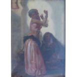 (XIX). Continental school, a Middle Eastern street scene with dancing girl, unsigned, oil on