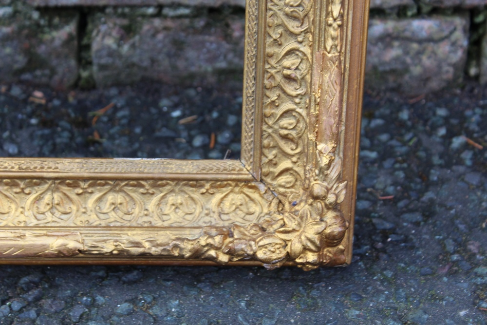 A 19TH CENTURY DECORATIVE GOLD FRAME WITH SOME RESTORATION, frame W 6 cm, rebate 51 x 34 cm - Image 4 of 6