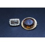 A SMALL SEED PEARL SET MOURNING BROOCH, W 1.75 cm, together with an oval quartz style brooch, W 2.