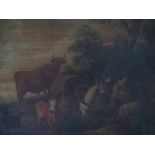 (XVIII-XIX). A wooded landscape with woman, goats, cattle and donkey and cart with hill top