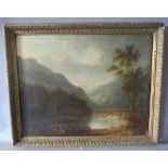 (XIX). A mountainous wooded lake scene with figures, unsigned, oil on canvas, laid on board, framed,