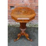 A MID VICTORIAN WALNUT INLAID TRUMPET SHAPED WORK TABLE, the hinged top opening to a fitted