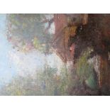 (XIX). An impressionist wooded river landscape with building, unsigned, oil on panel, unframed, 25 x