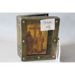 AN ANTIQUE UNUSUAL 19TH CENTURY ? BRASS RUSSIAN ICON, set in a folding frame with two further