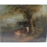(XIX). Continental scene, a stormy wooded landscape with cows resting under a tree, unsigned, oil on