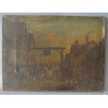 (XIX-XX). A town scene with huntsmen horse and dogs before a tavern, unsigned, oil on canvas,