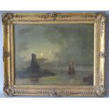 (XIX). Continental school, a stormy coastal landscape with figures, boats and a windmill,