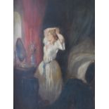 (XIX). A boudoir scene with young woman looking in a dressing table mirror, unsigned, oil on