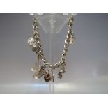 A VINTAGE SILVER CHARM BRACELET AND CHARMS, hallmarked to heart shaped clasp, approx weight 56 g
