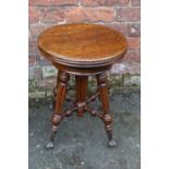 A LATE VICTORIAN OAK REVOLVING STOOL, the rising circular top raised on fluted supports and glass