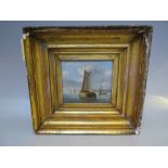 (XIX). A river scape with sailing vessels and figures, unsigned, oil on panel, framed, 10 x 11 cm