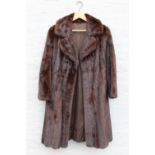 A LADIES VINTAGE RICH CHOCOLATE BROWN MINK FUR COAT, hook fastening, fully lined, side pockets