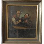 (XIX). Continental school, a inn interior with two figures drinking, unsigned, oil on canvas,