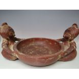 A VINTAGE PRE COLUMBIAN STYLE LARGE POTTERY BOWL, with decorative figures at each end, overall H