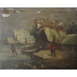(XVIII-XIX). Continental school, a frozen river landscape with figures, boat and buildings,