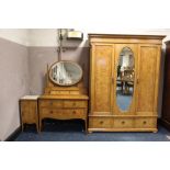 AN EDWARDIAN MAPLE INLAID MIRRORED TRIPLE WARDROBE, H 212 cm, W 162 cm, together with a dressing