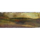 (XIX). A hare coursing scene in an extensive wooded landscape, unsigned, oil on canvas laid on