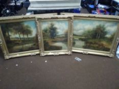 THREE ANTIQUE OILS ON CANVAS OF RURAL SCENES IN LATER GILT FRAMES