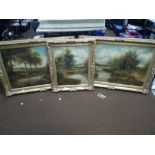 THREE ANTIQUE OILS ON CANVAS OF RURAL SCENES IN LATER GILT FRAMES