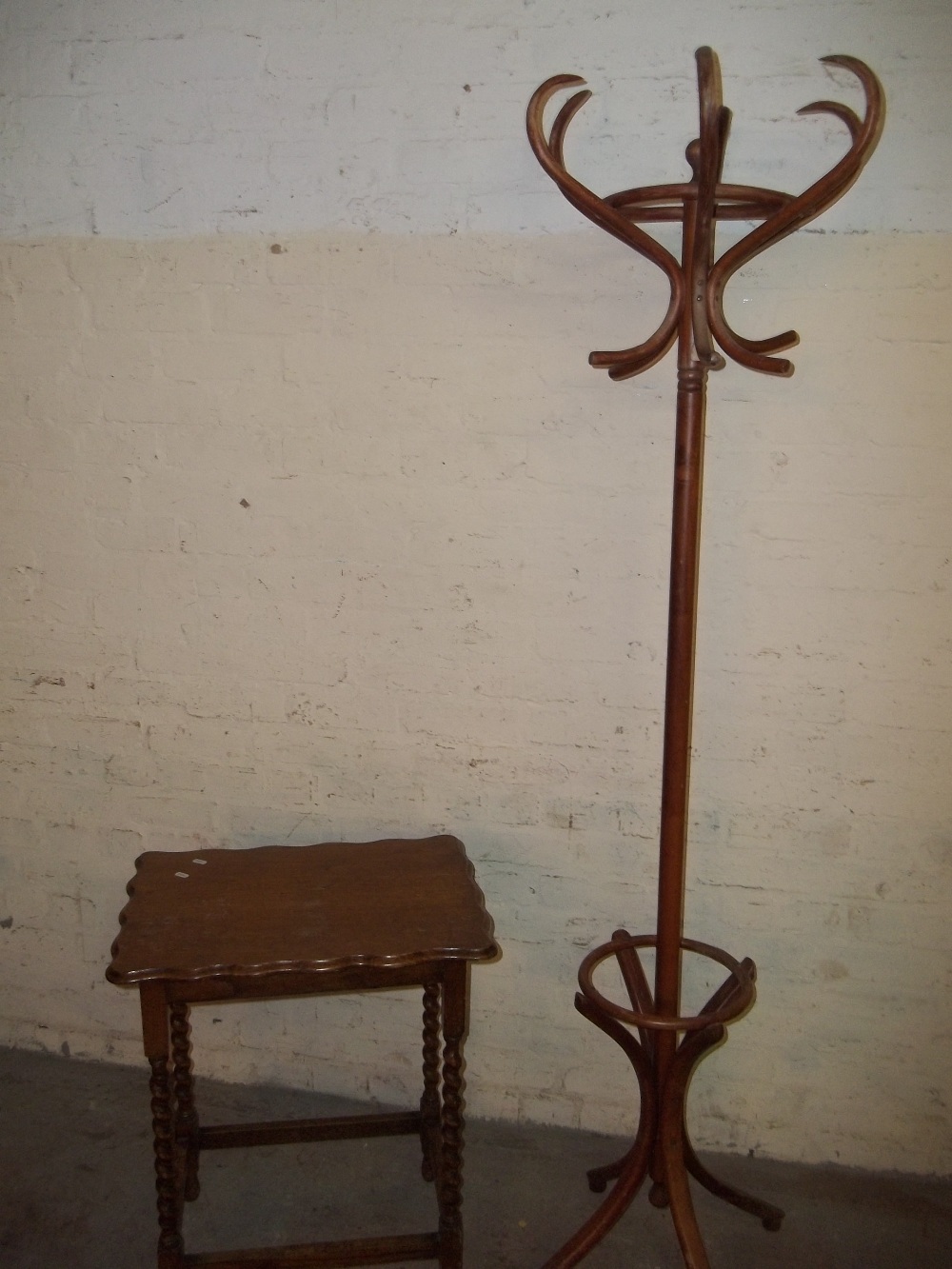 A COAT / HAT STAND AND A BARLEY TWIST HALL SIDE TABLE